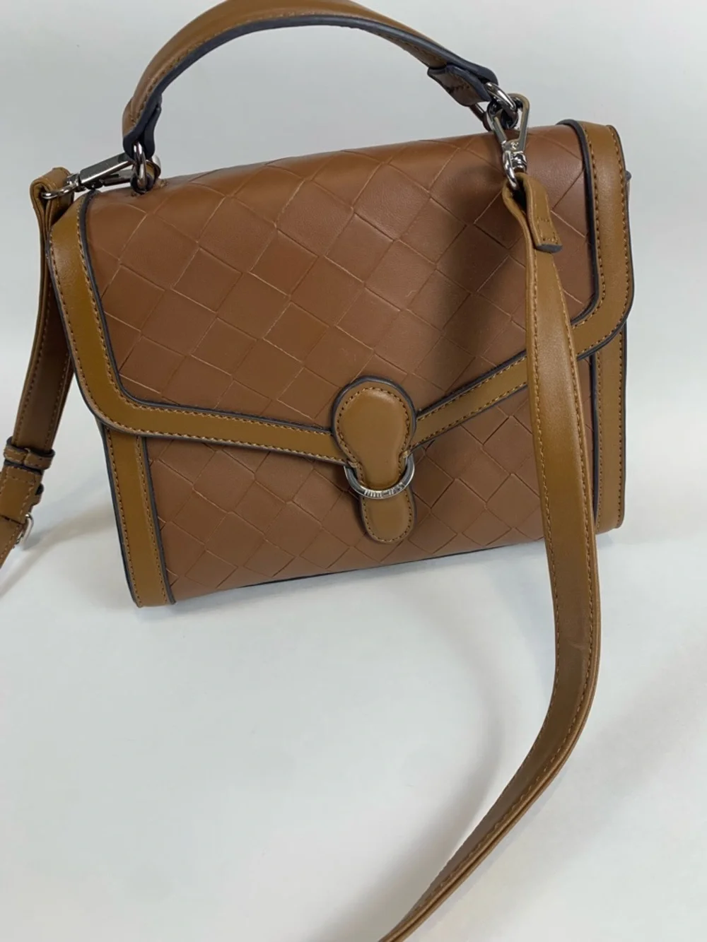Nine‎ West Brown Woven-Texture Top Handle Satchel Purse